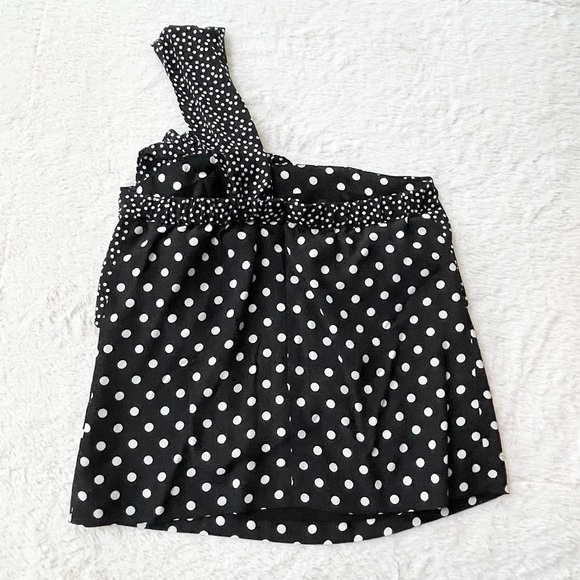 J.Crew | Silk Black & White Mixed Dot Print One Shoulder Bow Detail Top *NWT* - Picture 5 of 11